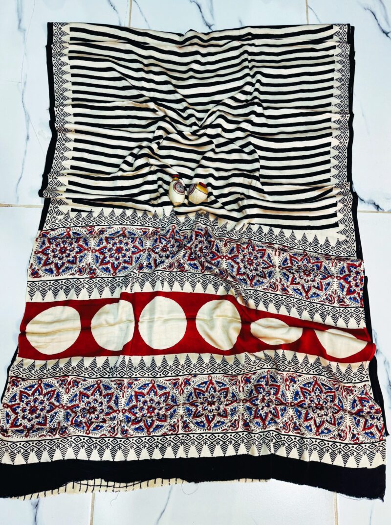 Natural Color Ajrakh Modal Silk Saree - Black Stripe - Image 4