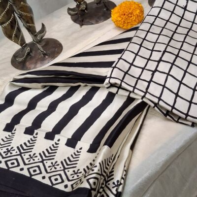 Natural Color Ajrakh Modal Silk Saree - Black Stripe
