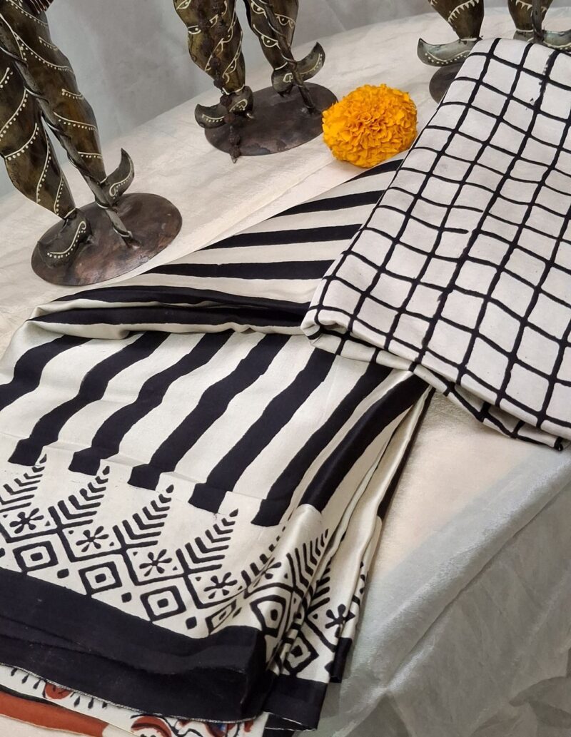 Natural Color Ajrakh Modal Silk Saree - Black Stripe