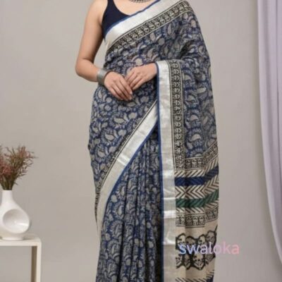 Indigo Blue Bagru Hand Block Print Linen Cotton Saree with Blouse Piece