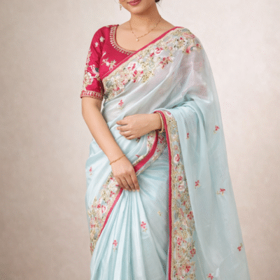 Sky Blue Jimmy Choo Organza Saree with Heavy Embroidery