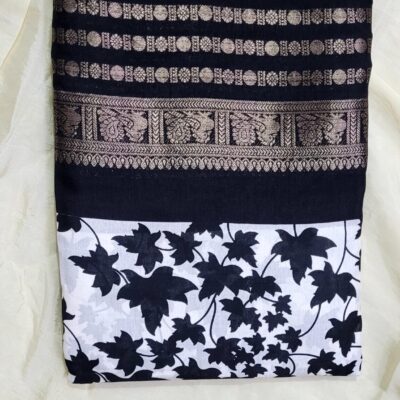 Crisp White with Black Leaf Print & Gold Woven Pallu Dola Silk Saree
