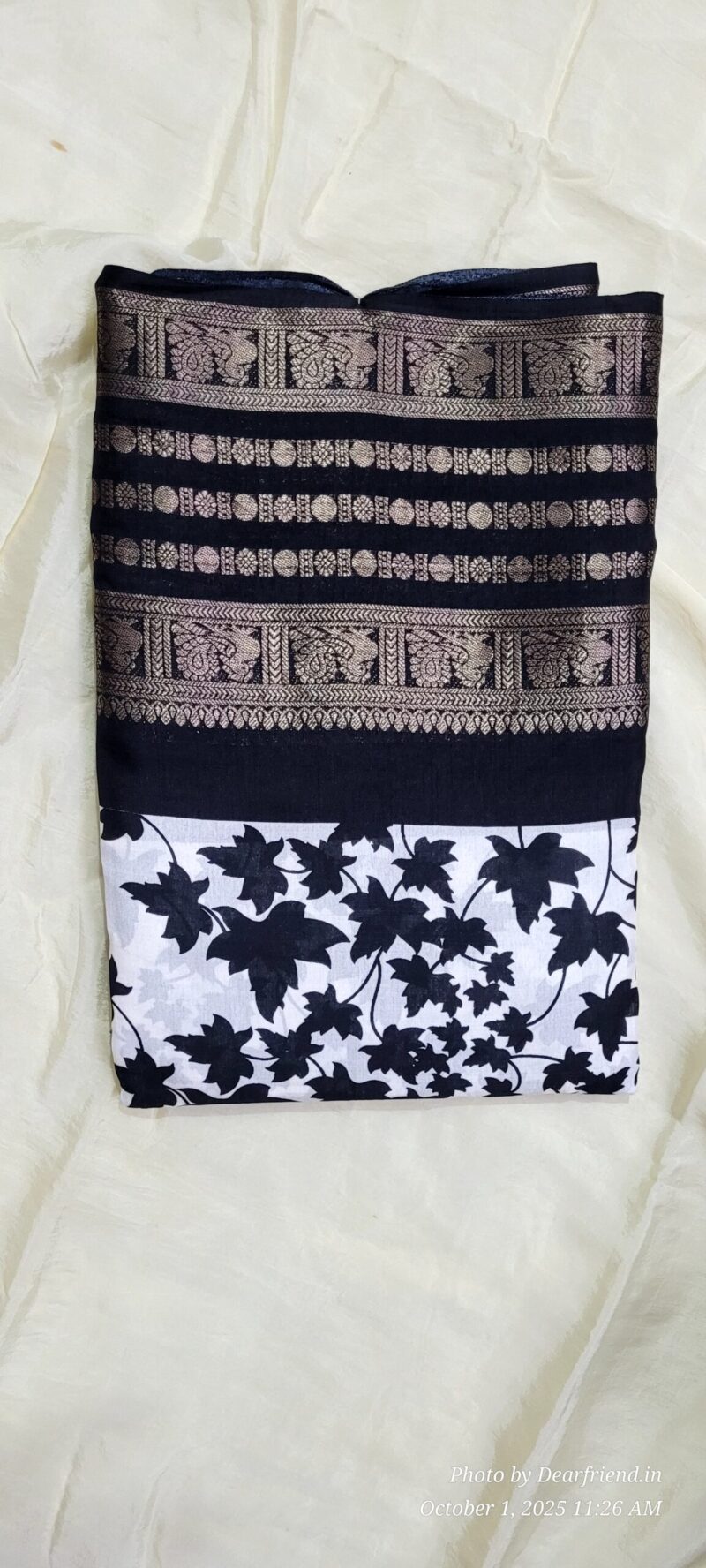 Crisp White with Black Leaf Print & Gold Woven Pallu Dola Silk Saree