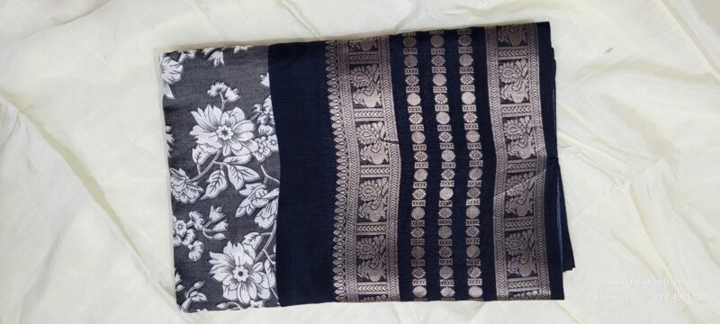 Grey Floral & Gold Woven Pallu Dola Silk Saree - Image 2