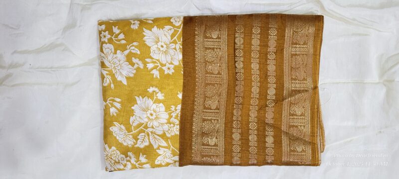 Yellow Floral & Gold Woven Pallu Dola Silk Saree - Image 3