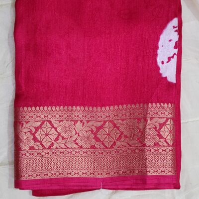 Festive Rani Pink Pure Moss Mellow Georgette Saree with Gold Zari Border and Contrast Floral Panel Pallu