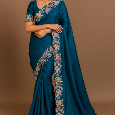 Teal Blue Tussar Silk Saree with Exquisite Embroidery & Cutwork Border