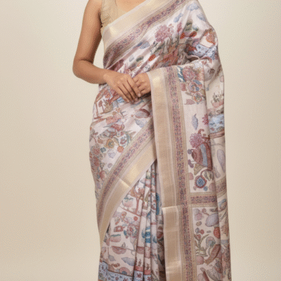 Exquisite Off-White Munga Silk Saree with Kalamkari Digital Print and Jacquard Border