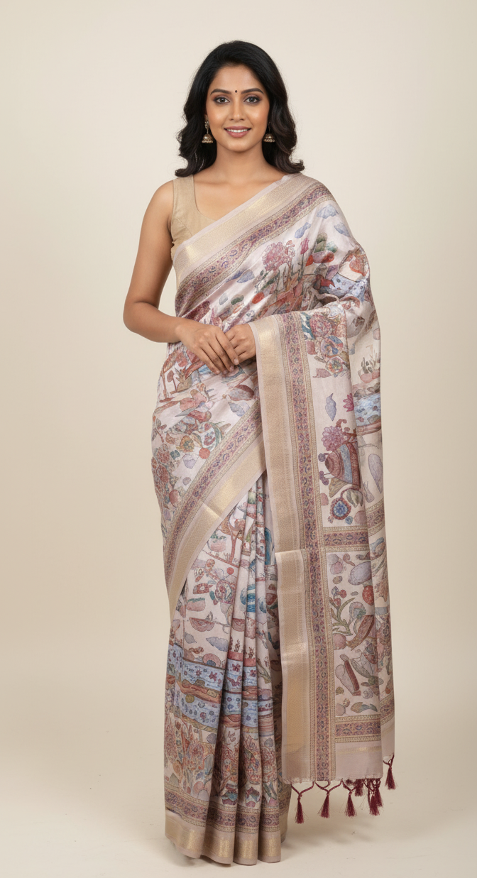 Exquisite Off-White Munga Silk Saree with Kalamkari Digital Print and Jacquard Border