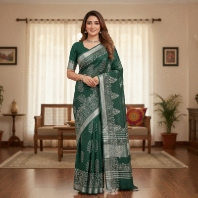 Aranya: Handblock Printed Forest Green Linen Cotton Saree