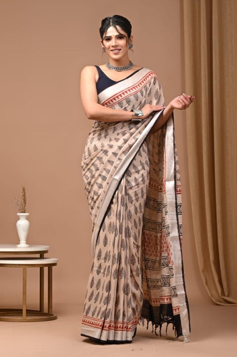 Earthen Fern Pure Bagru Linen Saree-natural dyes