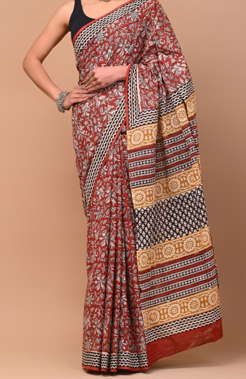 Traditional Hand-Block Printed Cotton Saree - Madder red - Image 2