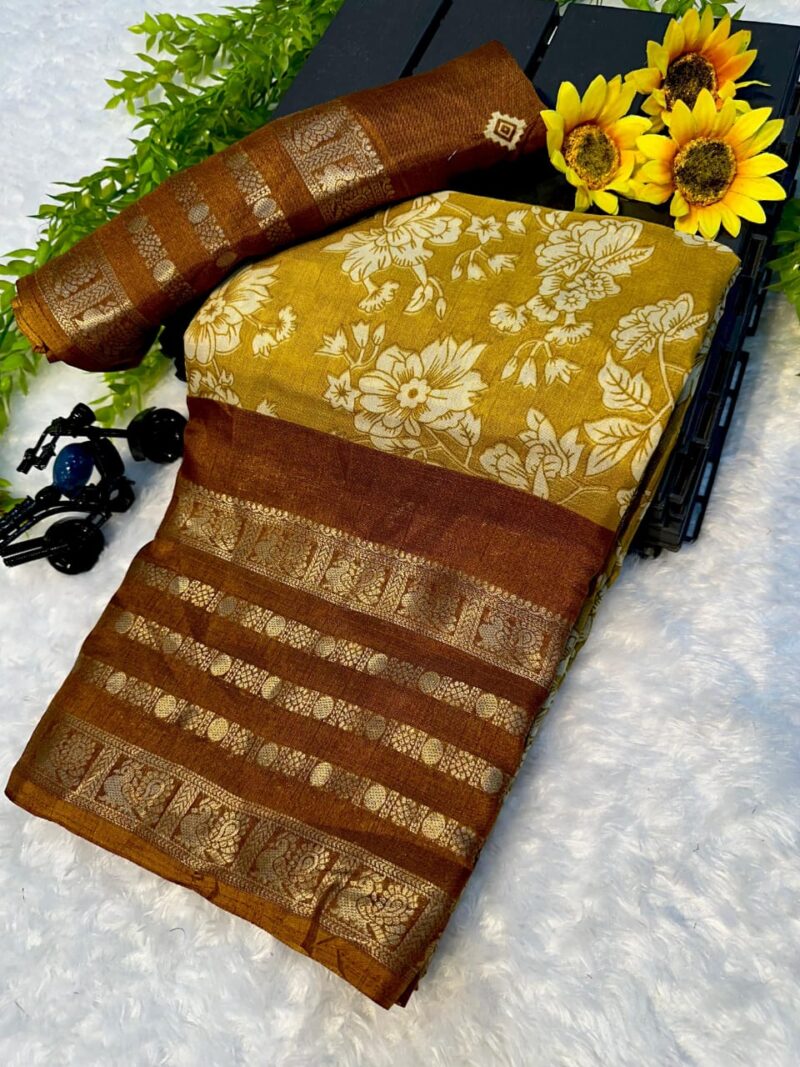 Yellow Floral & Gold Woven Pallu Dola Silk Saree - Image 2