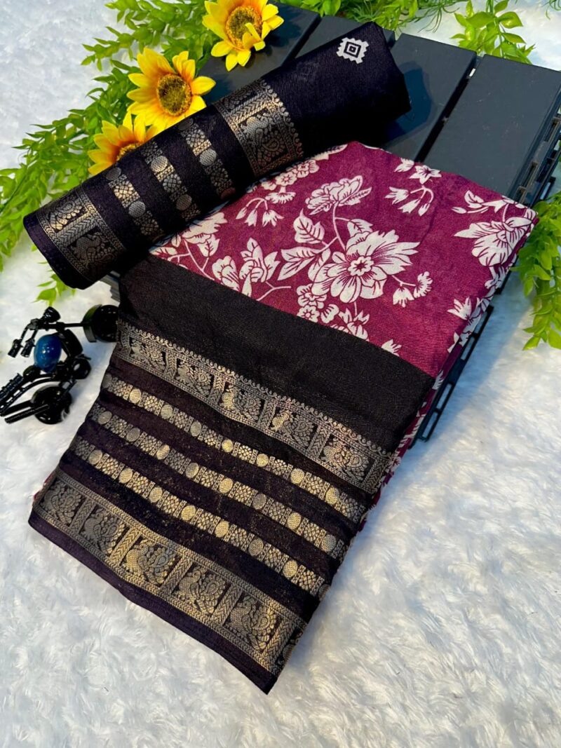 Fuchsia Floral & Gold Woven Pallu Dola Silk Saree - Image 3