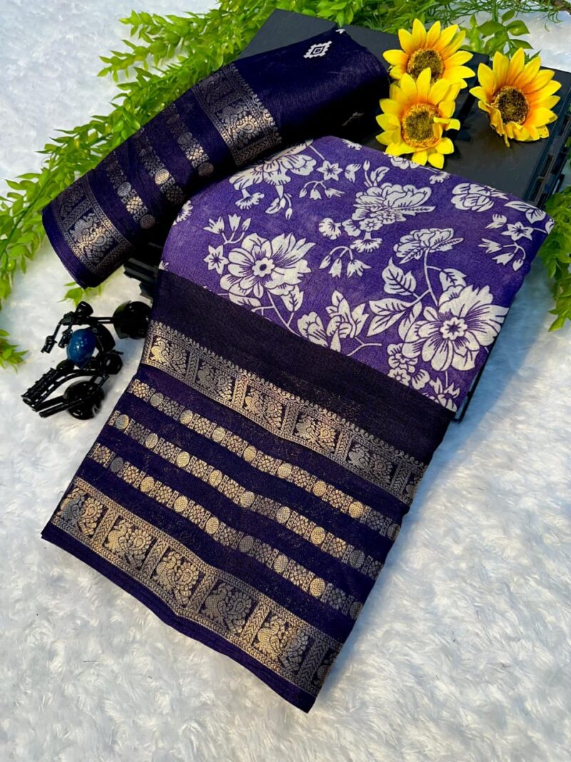Deep Violet Purple Floral & Gold Woven Pallu Dola Silk Saree - Image 2