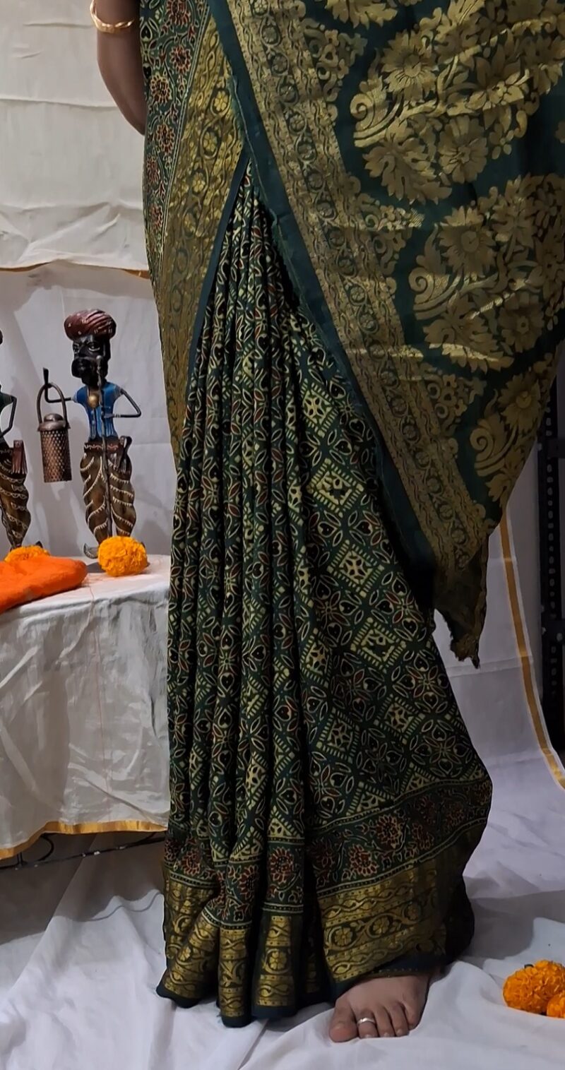 Exclusive Ajrakh Dola Silk Saree with Tissue Zari Pallu - Image 5