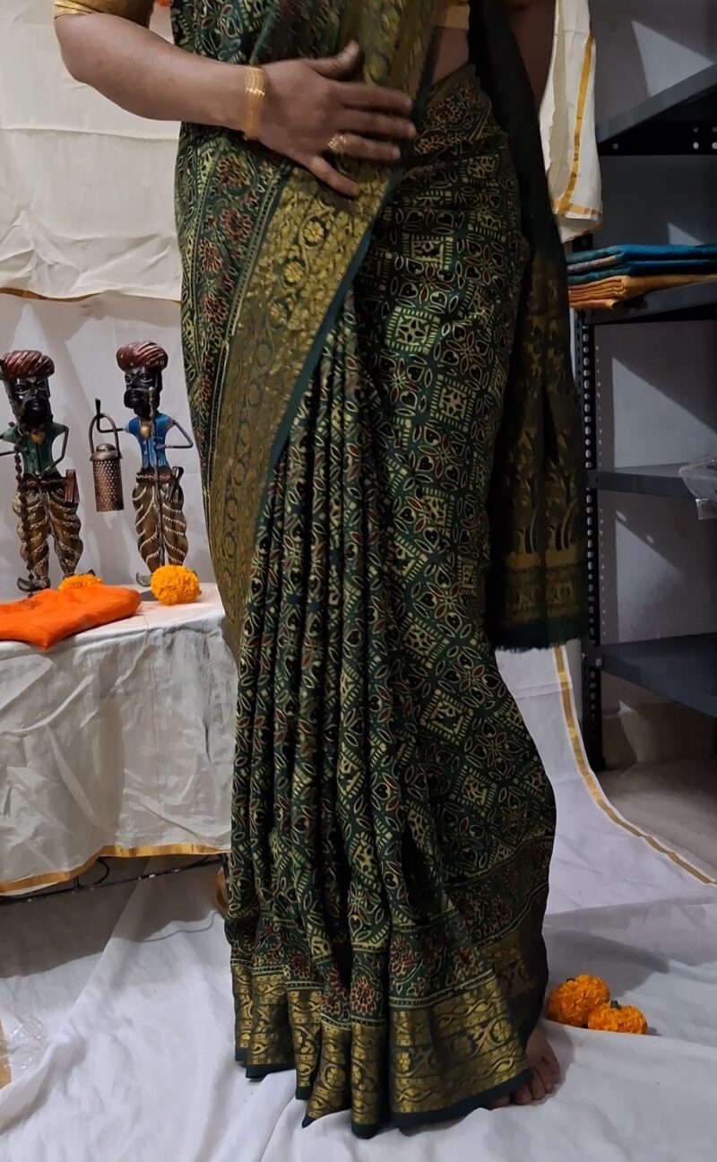 Exclusive Ajrakh Dola Silk Saree with Tissue Zari Pallu - Image 6