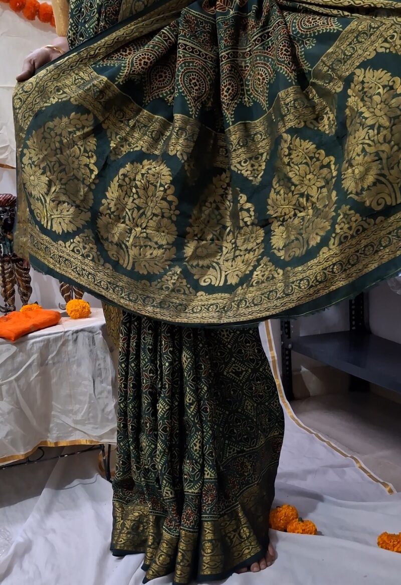 Exclusive Ajrakh Dola Silk Saree with Tissue Zari Pallu - Image 7
