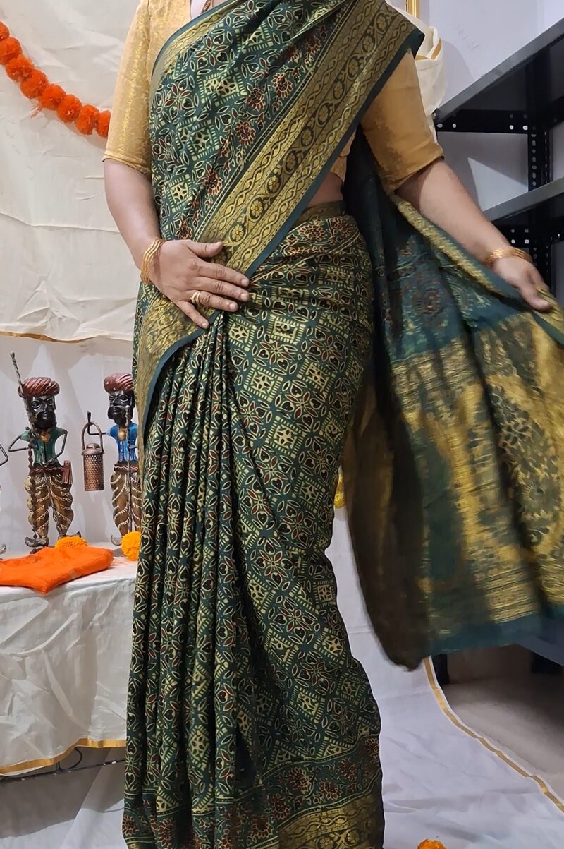 Exclusive Ajrakh Dola Silk Saree with Tissue Zari Pallu - Image 8