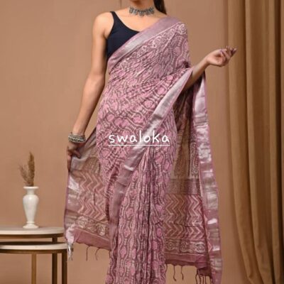 Elegant Mauve Bagru Hand Block Print Linen Cotton Saree with Blouse Piece