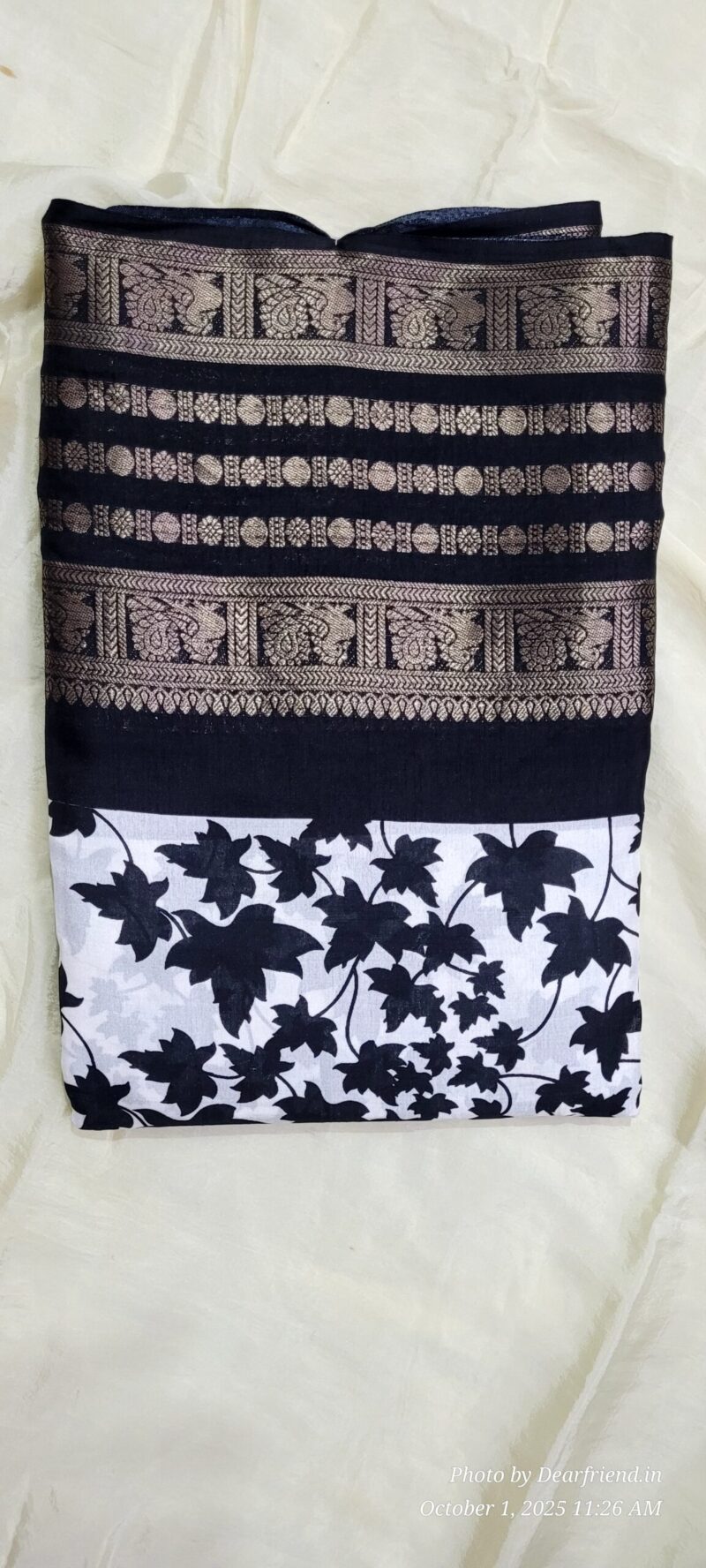 Crisp White with Black Leaf Print & Gold Woven Pallu Dola Silk Saree - Image 3