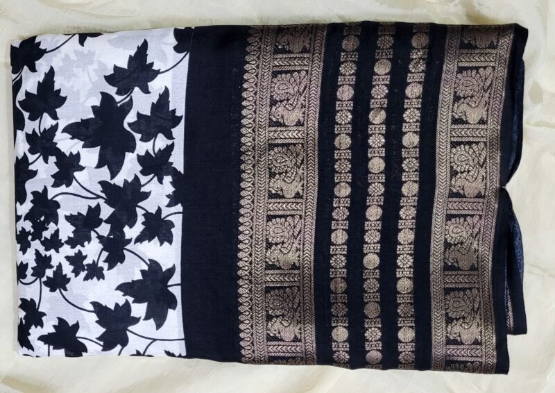 Crisp White with Black Leaf Print & Gold Woven Pallu Dola Silk Saree - Image 2