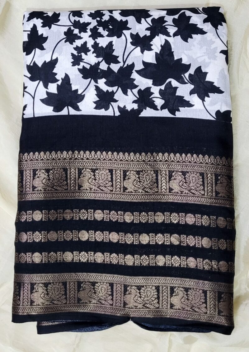 Crisp White with Black Leaf Print & Gold Woven Pallu Dola Silk Saree - Image 4