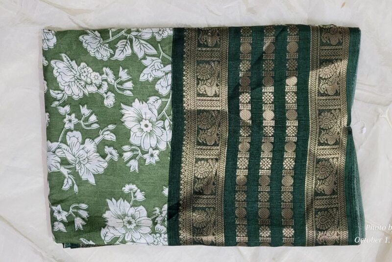 Teal Floral & Gold Woven Pallu Dola Silk Saree