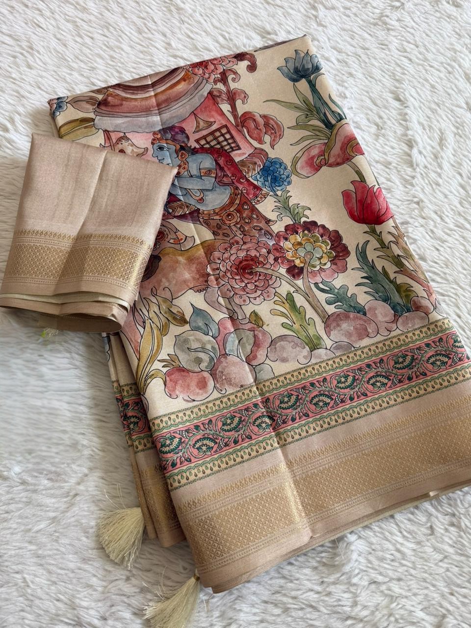 Exquisite Off-White Munga Silk Saree with Kalamkari Digital Print and Jacquard Border - Image 2