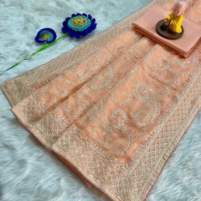 Ethereal Peach Paisley Organza Saree with Sequin Embroidery