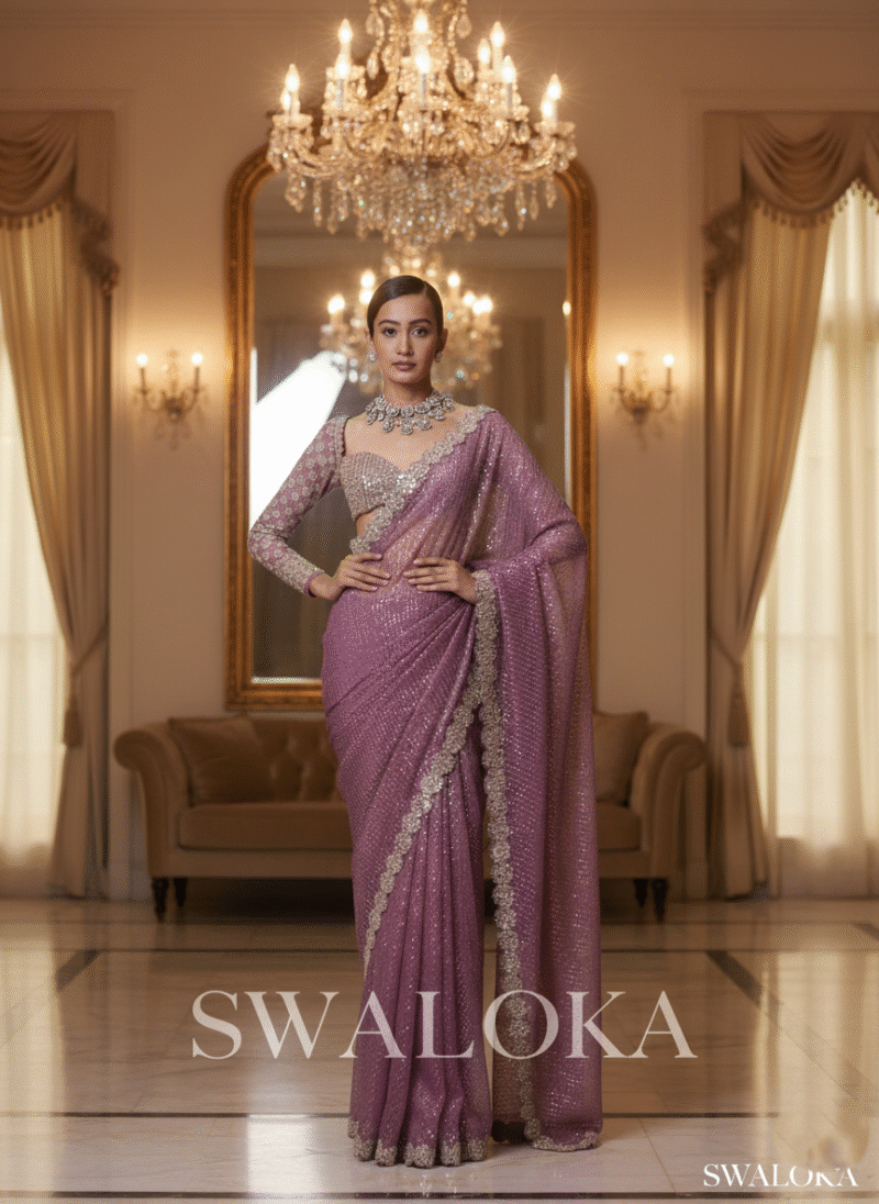 Luxe Dusty Pink Sequin & Mirror Work Georgette Saree - Image 3