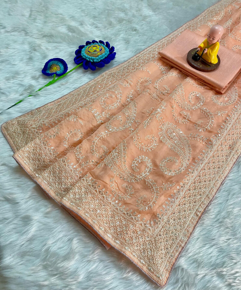 Ethereal Peach Paisley Organza Saree with Sequin Embroidery