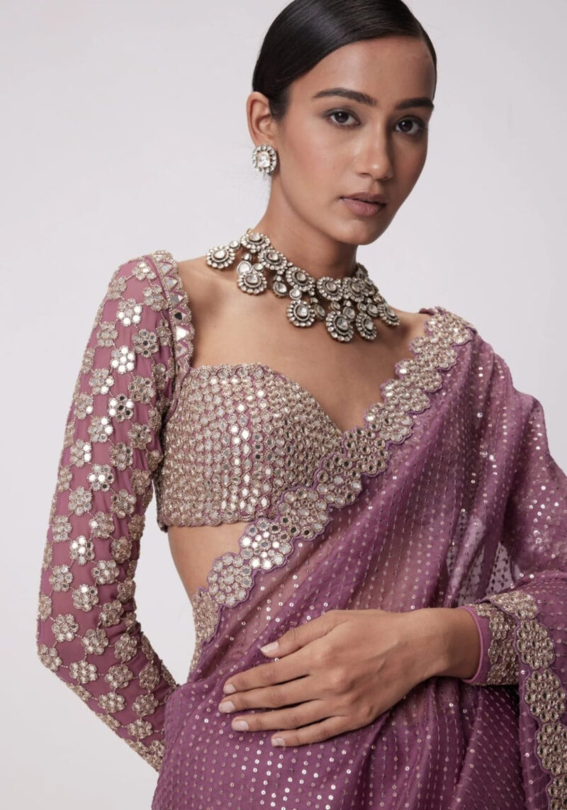 Luxe Dusty Pink Sequin & Mirror Work Georgette Saree - Image 2