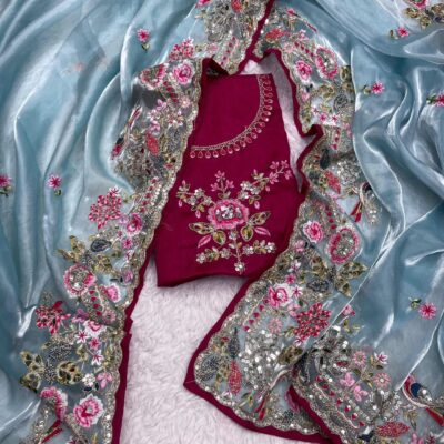 Sky Blue Jimmy Choo Organza Saree with Heavy Embroidery