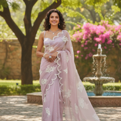 Exquisite Lilac Jimmy Choo Organza Saree with Lavish Sequin Embellishment