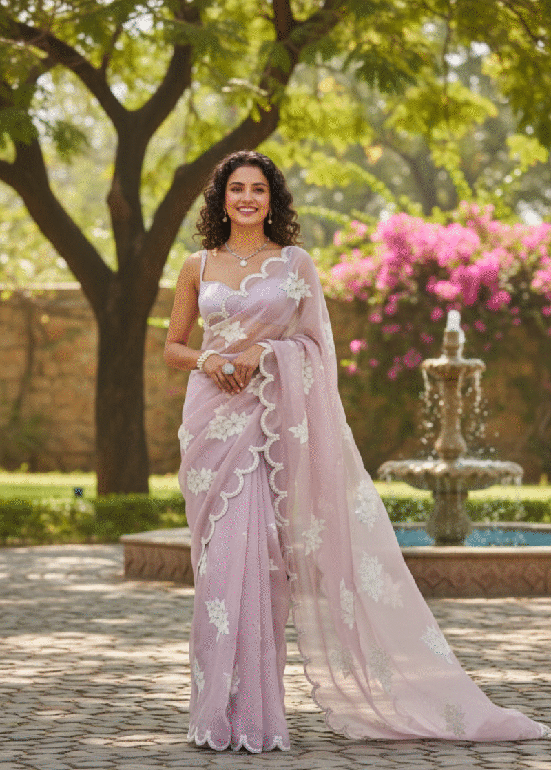 Exquisite Lilac Jimmy Choo Organza Saree with Lavish Sequin Embellishment