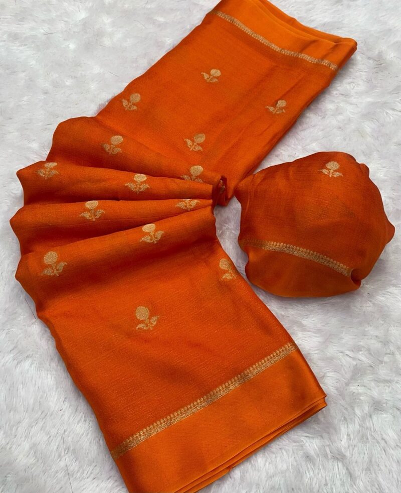 Vibrant Orange Soft Jute Khadi Saree - Image 2