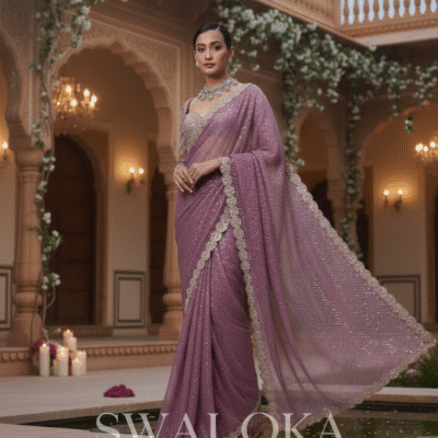Luxe Dusty Pink Sequin & Mirror Work Georgette Saree