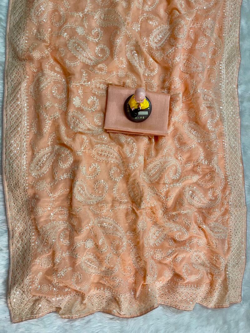 Ethereal Peach Paisley Organza Saree with Sequin Embroidery - Image 2
