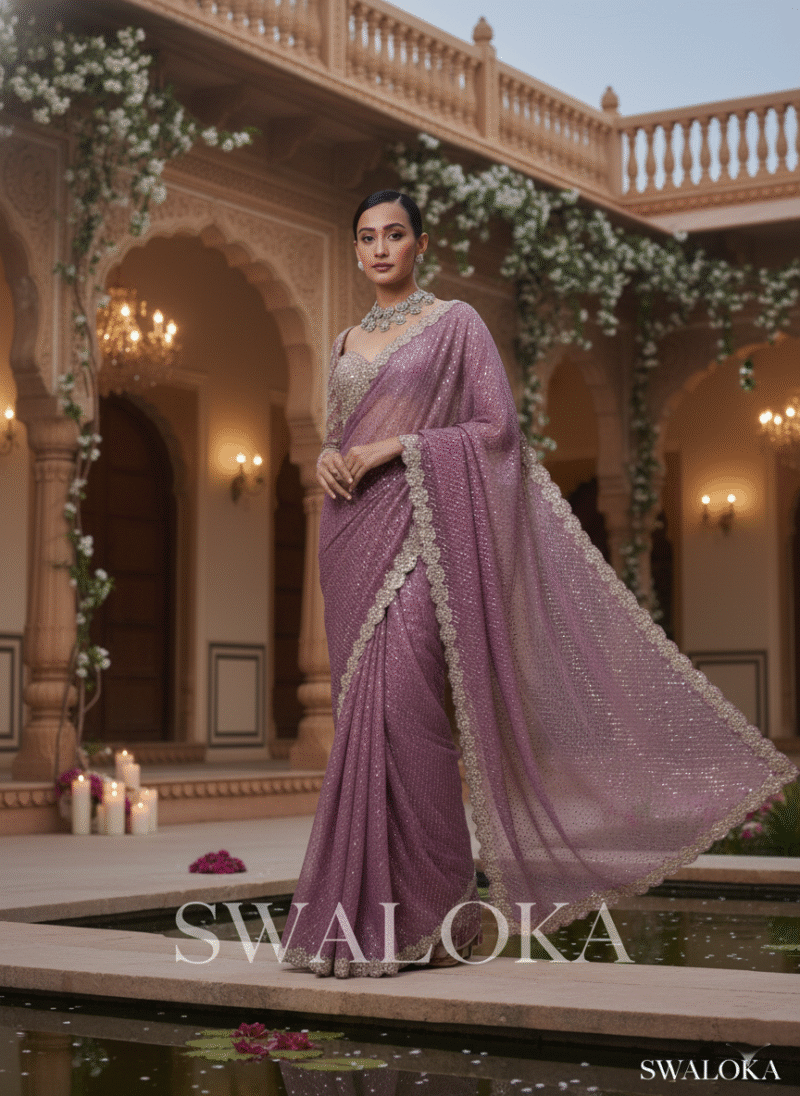 Luxe Dusty Pink Sequin & Mirror Work Georgette Saree