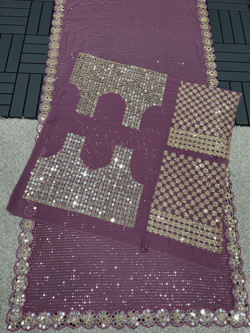 Luxe Dusty Pink Sequin & Mirror Work Georgette Saree - Image 4