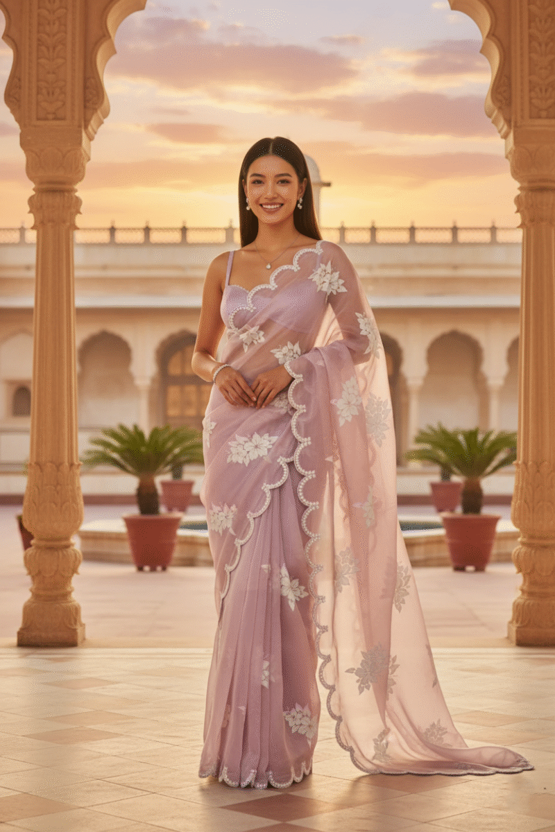 Exquisite Lilac Jimmy Choo Organza Saree with Lavish Sequin Embellishment - Image 2
