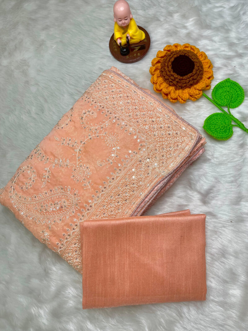 Ethereal Peach Paisley Organza Saree with Sequin Embroidery - Image 3