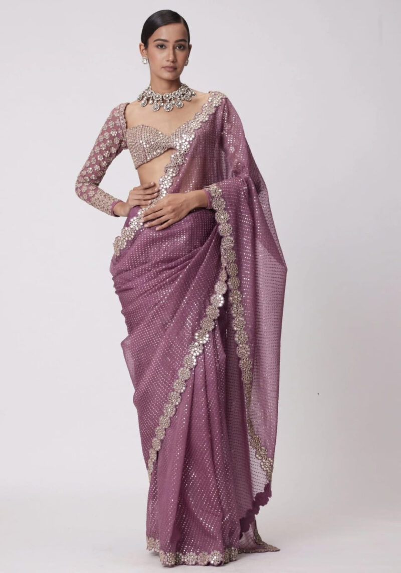 Luxe Dusty Pink Sequin & Mirror Work Georgette Saree - Image 5
