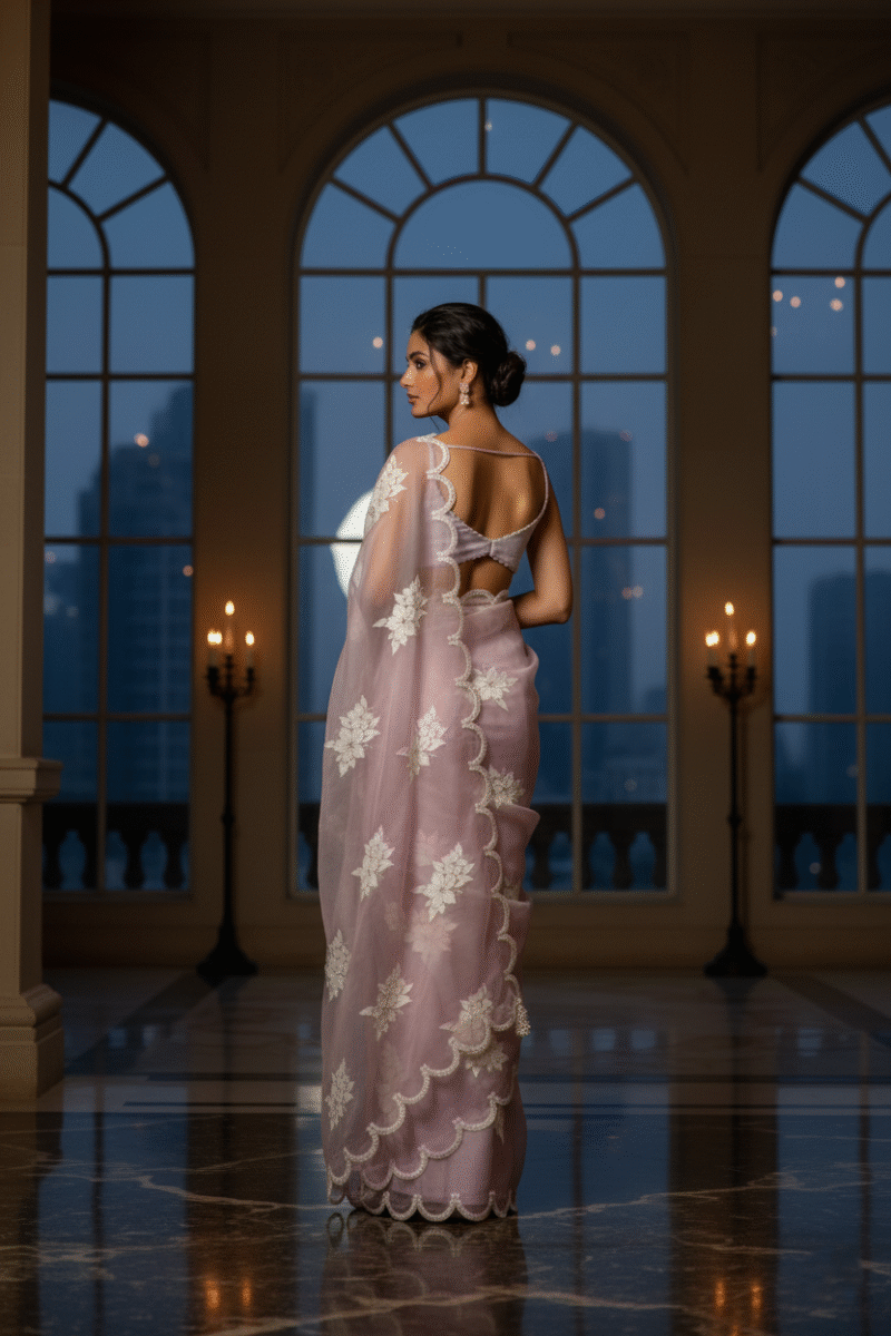 Exquisite Lilac Jimmy Choo Organza Saree with Lavish Sequin Embellishment - Image 4