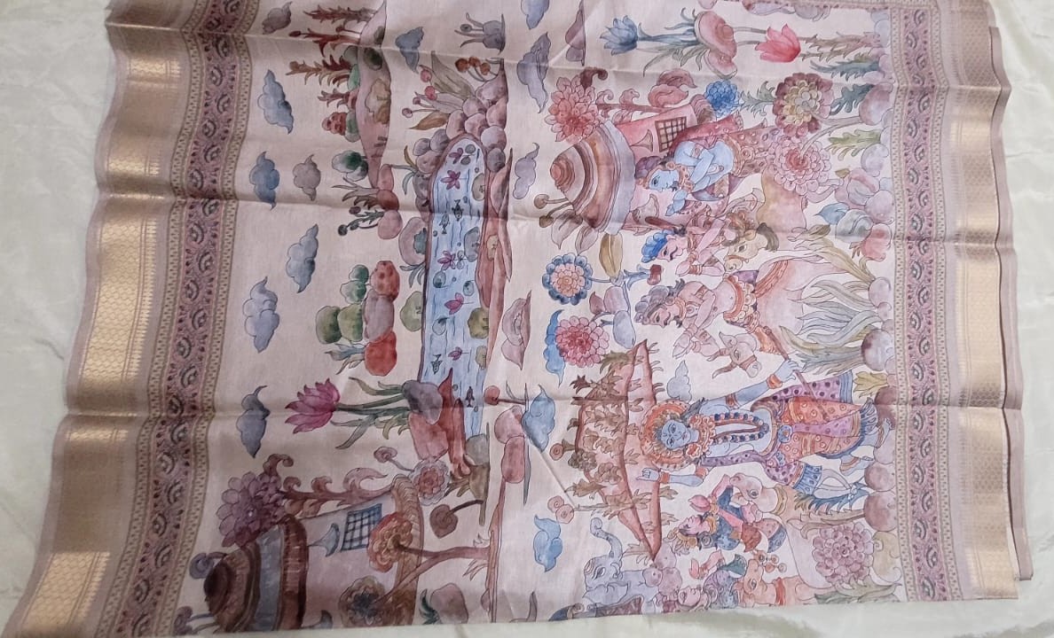 Exquisite Off-White Munga Silk Saree with Kalamkari Digital Print and Jacquard Border - Image 5