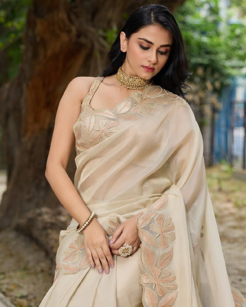 Golden Dewdrop Organza Silk Saree - Image 5