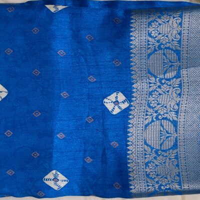 Vibrant Blue Pure Moss Mellow Georgette Saree with Silver Zari Woven Border and Bandhani-Inspired Print