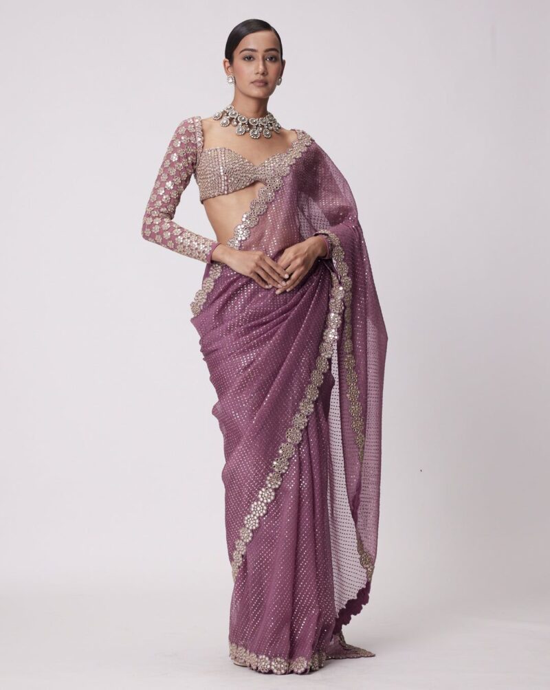 Luxe Dusty Pink Sequin & Mirror Work Georgette Saree - Image 6