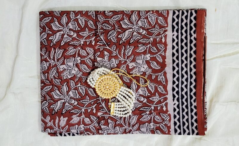 Traditional Hand-Block Printed Cotton Saree - Madder red
